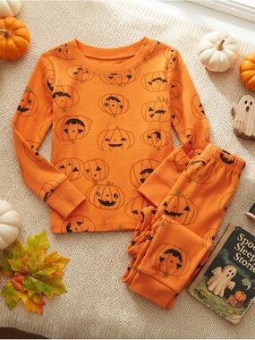 Carter’s 2T Orange Pumpkin Halloween Pajama Set Long Sleeve PJs